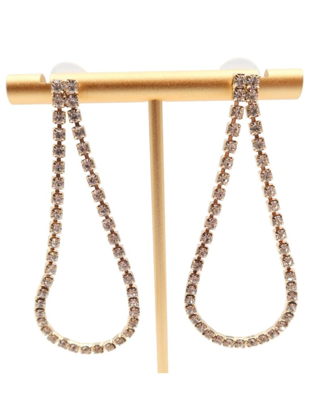 Gold Tone & Rhinestone Tear Drop Loop Pierced Earrings Unsigned 2.5"